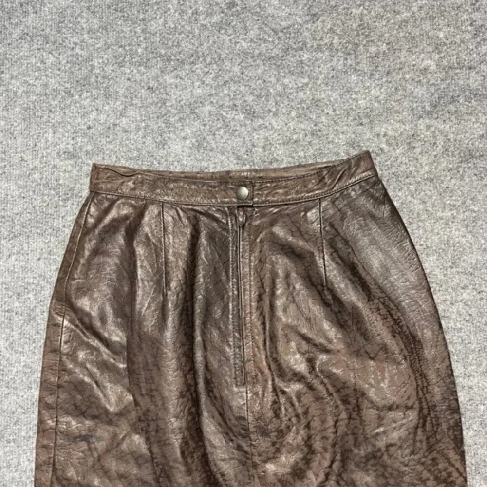 Glen Wood Womens Straight Skirt Brown Leather Knee Length Textured Slit Zipper 6 - Picture 4 of 10